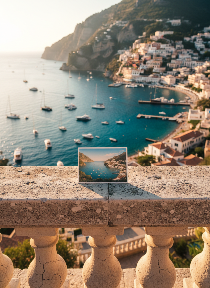 A seaside viewpoint captured from a stone terrace: a weathered limestone balustrade in the foreground, beyond it a deep turquoise bay dotted with small white boats and a distant, sunlit coastal town climbing up a hillside. On the balustrade rests a single, elegantly designed postcard depicting the same bay in a slightly stylized illustration, its edges lifted gently by a sea breeze. The scene is bathed in soft golden hour light, creating shimmering highlights on the water and subtle shadows in the town’s narrow alleys. Photographic realism, wide-angle composition with the postcard in sharp foreground focus, conveying a dreamy, sophisticated sense of déjà vu in travel memories.