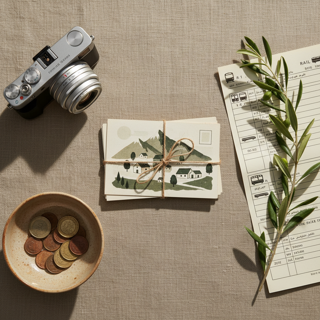 An overhead view of a meticulously arranged travel flat lay on a linen-covered table in muted earth tones. At the center lies a stack of postcards tied with thin jute twine, their top card showing a minimalist illustration of a mountain village. Around them are a slim mirrorless camera, a small ceramic dish filled with foreign coins, a folded rail timetable, and a single olive branch. Gentle morning window light enters from the left, creating soft, directional shadows and a serene, curated feel. Photographic realism, top-down composition with crisp detail throughout, expressing an elegant, introspective approach to documenting journeys.