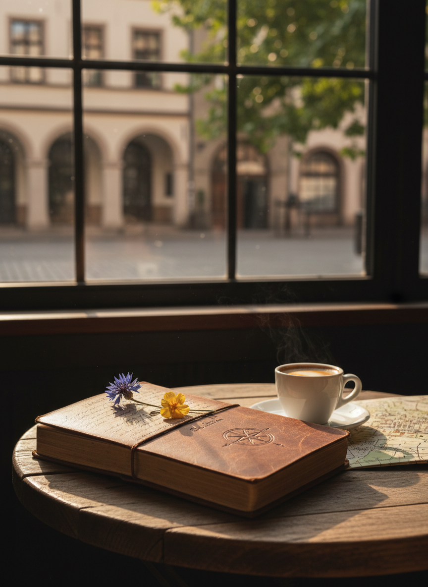 A well-worn leather-bound travel journal lies open on a small wooden café table beside a porcelain espresso cup and a neatly folded city map. Handwritten notes and a pressed wildflower peek from between the journal’s creamy pages. Outside the window, blurred silhouettes of historic European architecture and soft greenery suggest an old town square. Late-afternoon natural light filters through the glass, casting long, refined shadows and warm highlights on the journal’s textured cover. Photographic realism, eye-level composition with shallow depth of field, the journal in sharp focus and the background pleasantly blurred, creating a sophisticated, contemplative atmosphere of quiet travel reflection.