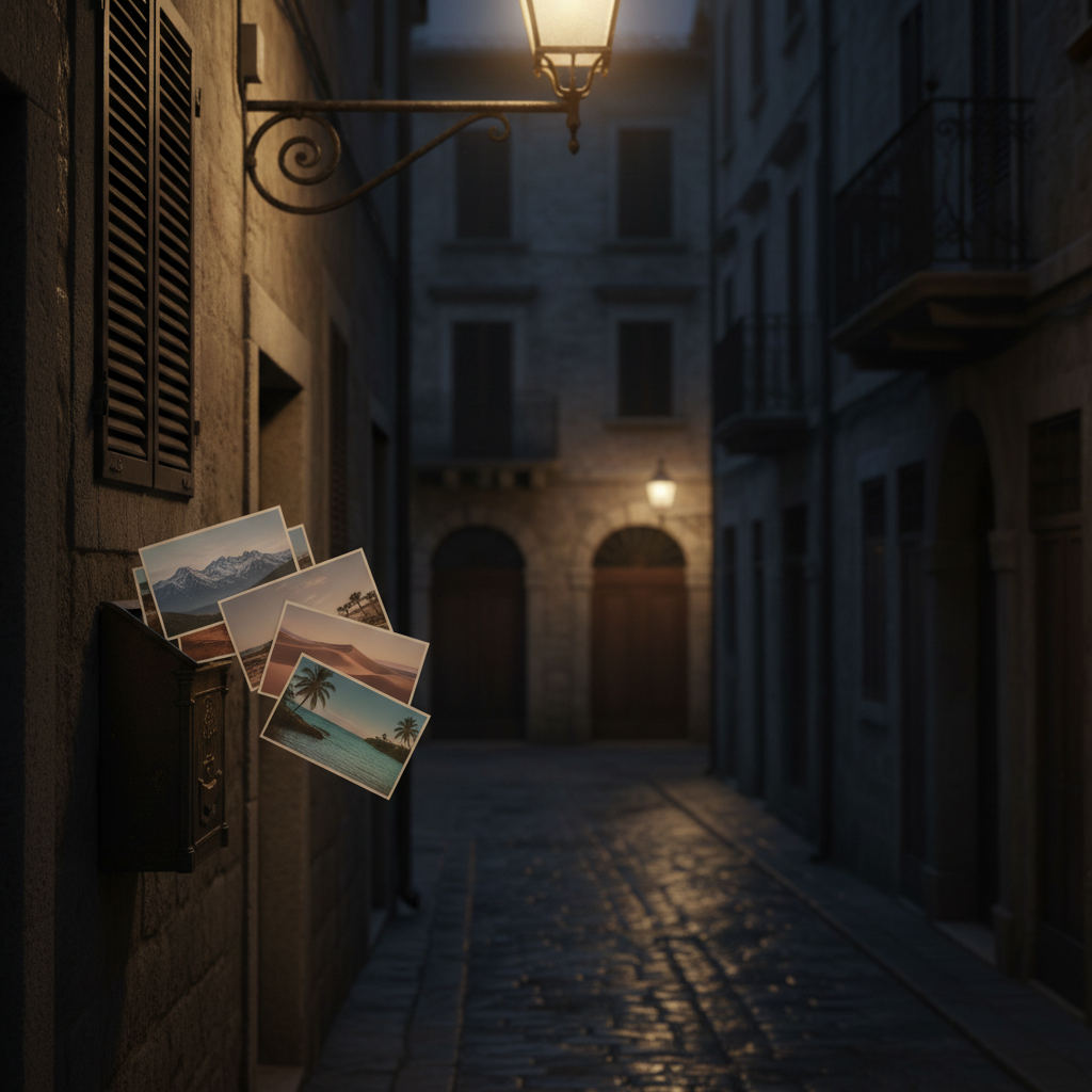 An atmospheric night scene of a quiet, cobblestoned alley in an old European city, glistening slightly from a recent drizzle. Warm light spills from ornate wrought-iron street lamps, illuminating stone facades, wooden shutters, and a small brass letterbox overflowing with neatly arranged postcards from faraway places. Each postcard shows a different landscape: snowy mountains, desert dunes, and tropical coasts, all in subdued, tasteful colors. The rest of the alley falls into soft shadow, with just a hint of distant arches and balconies. Photographic realism, shot at street level with a shallow depth of field, emphasizing the postcards while preserving a moody, sophisticated nocturnal ambiance.
