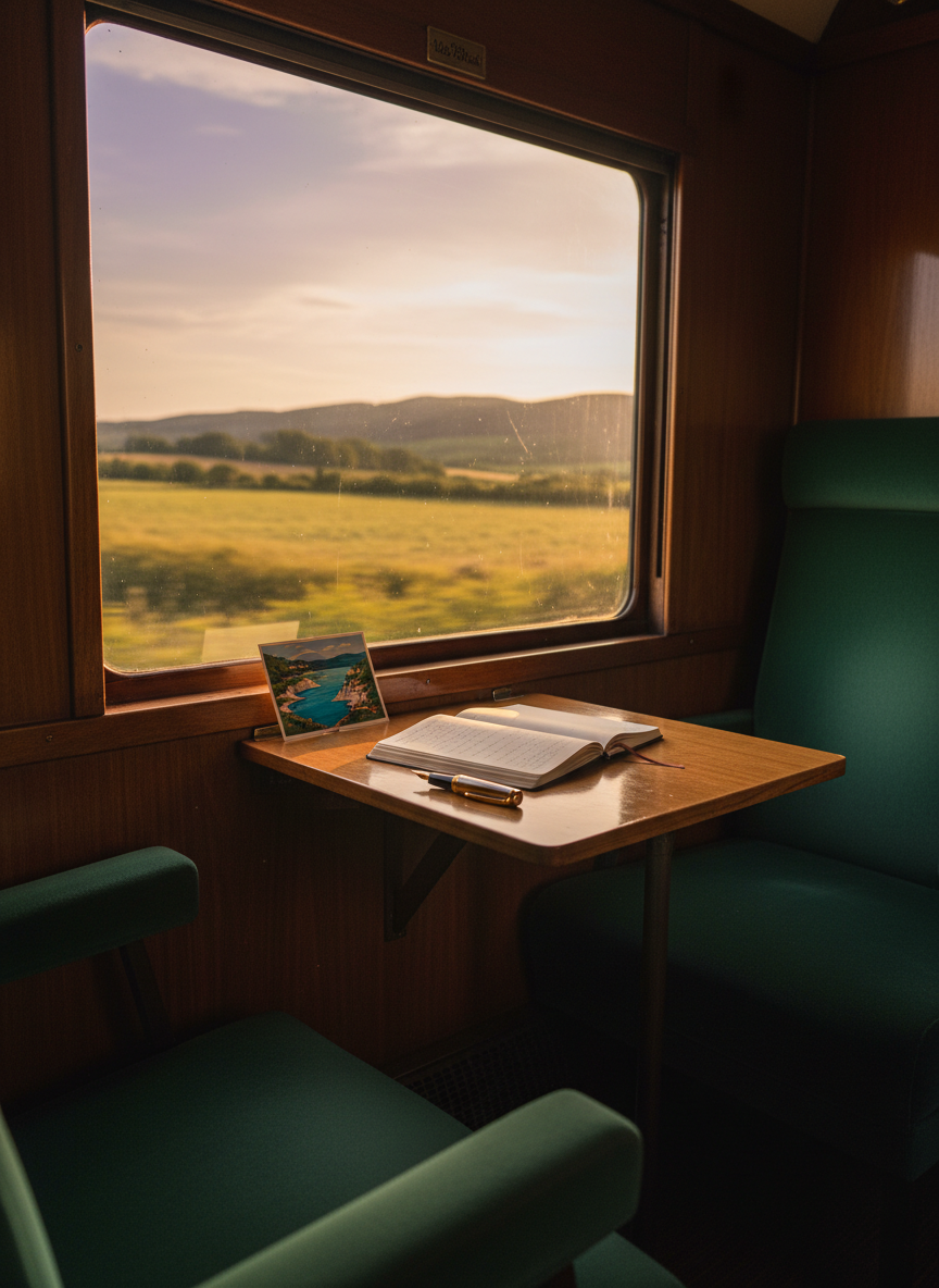 A classic train compartment interior with polished wooden paneling, deep green upholstered seats, and a small fold-out table beneath a wide window. On the table lie a fountain pen, an open notebook filled with tidy handwriting, and a single, carefully arranged postcard featuring a coastal scene. Outside the window, a blurred landscape of fields and distant hills passes by in streaks of color. Late-evening golden hour light pours in, creating warm highlights on the wood grain and soft reflections on the glass. Photographic realism, cinematic framing from the opposite seat, evoking quiet sophistication and the intimate rhythm of slow travel journaling.