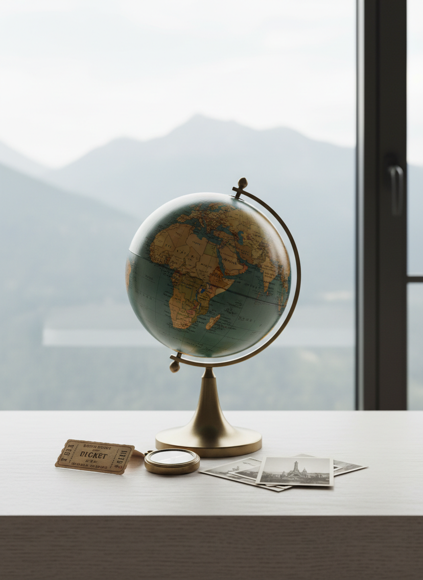 A vintage-style globe with muted, sophisticated colors stands on a narrow brass base atop a minimalist white desk, surrounded by a few carefully placed travel tokens: an old enamel train ticket, a small brass compass, and a stack of monochrome postcard-sized prints. Behind, a large window reveals an out-of-focus skyline of distant mountains beneath a pale sky. Soft overcast daylight creates even, diffused illumination with delicate reflections on the globe’s glossy surface. Photographic realism, shot from a slightly elevated angle with balanced negative space, conveying a calm, elegant mood and the thoughtful planning phase of a journey.